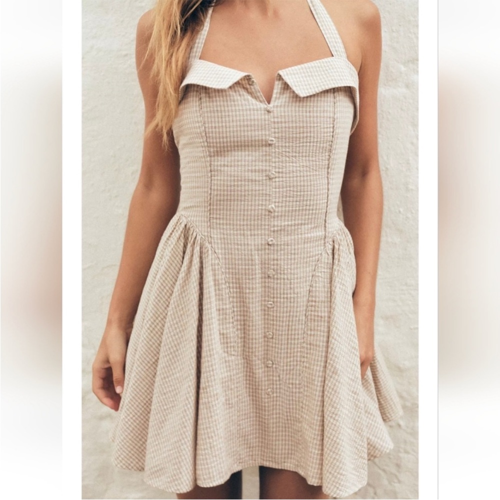 Zara Beige Checkered Halter Mini Dress